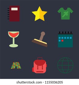 Set Of 9 simple icons such as Globe, Backpack, Swimsuit, Calendar, Stamp, Cocktail, Shirt, Star, Notebook, can be used for mobile, pixel perfect vector icon pack on black background