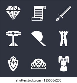 Set Of 9 simple icons such as Tunic, Crown, Shield, Tower, Hat, Pillory, Sword, Scroll, Jewelry, can be used for mobile, pixel perfect vector icon pack on black background