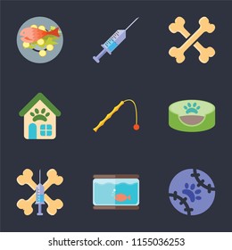Set Of 9 simple icons such as Tennis, Aquarium, Treats, Pet bed, Toy, shop, Bones, Syringe, Fish food, can be used for mobile, pixel perfect vector icon pack on black background