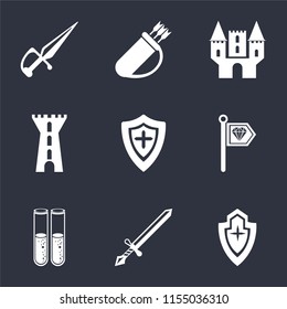 Set Of 9 simple icons such as Shield, Sword, Alchemy, Standard, Tower, Castle, Quiver, Dagger, can be used for mobile, pixel perfect vector icon pack on black background