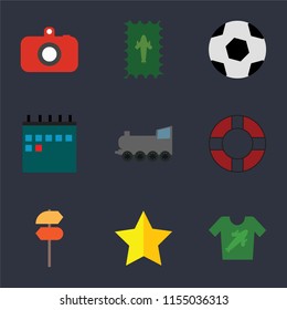 Set Of 9 simple icons such as Shirt, Star, Pointer, Lifebuoy, Railway, Calendar, Ball, Postage, Camera, can be used for mobile, pixel perfect vector icon pack on black background