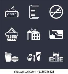 Set Of 9 simple icons such as Mall, Cosmetics, Fast food, Card payment, Shopping basket, No smoking, List, Closed, can be used for mobile, pixel perfect vector icon pack on black background