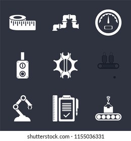 Set Of 9 simple icons such as Conveyor, Plan, Robotic arm, Settings, Switch, Gauge, Pipe, Measure, can be used for mobile, pixel perfect vector icon pack on black background