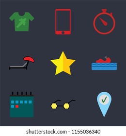 Set Of 9 simple icons such as Check in, Sunglasses, Calendar, Water craft, Star, Sunbed, Time, Phone, Shirt, can be used for mobile, pixel perfect vector icon pack on black background
