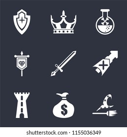 Set Of 9 simple icons such as Witch, Money bag, Tower, Lance, Sword, Banner, Poison, Crown, Shield, can be used for mobile, pixel perfect vector icon pack on black background