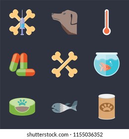 Set Of 9 simple icons such as Pet food, Fish, bed, Fishbowl, Bones, Drugs, Thermometer, Dog, Treats, can be used for mobile, pixel perfect vector icon pack on black background