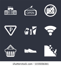 Set Of 9 simple icons such as Falling rocks, Shoes, Shopping basket, Wifi, Cosmetics, Parking, No camera, Open, Mall, can be used for mobile, pixel perfect vector icon pack on black background