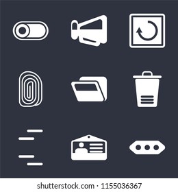 Set Of 9 simple icons such as More, Id card, Trash, Folder, Fingerprint, Restart, Megaphone, Switch, can be used for mobile, pixel perfect vector icon pack on black background