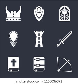 Set Of 9 simple icons such as Bow and arrow, Book, Bible, Sword, Tower, Necklace, Stained glass window, Shield, Viking, can be used for mobile, pixel perfect vector icon pack on black background