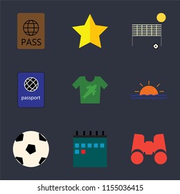 Set Of 9 simple icons such as Binoculars, Calendar, Ball, Sunset, Shirt, Passport, Beach volleyball, Star, can be used for mobile, pixel perfect vector icon pack on black background