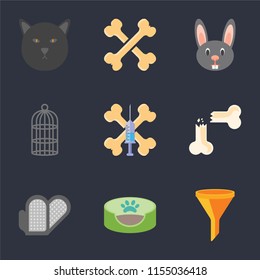 Set Of 9 simple icons such as Filter, Pet bed, Grooming glove, Bone, Treats, Cage, Rabbit, Bones, Cat, can be used for mobile, pixel perfect vector icon pack on black background