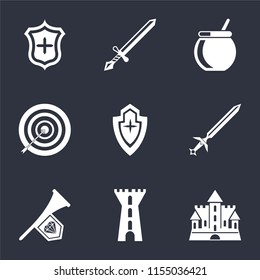 Set Of 9 simple icons such as Castle, Tower, Fanfare, Sword, Shield, Archery, Cauldron, can be used for mobile, pixel perfect vector icon pack on black background