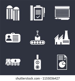 Set Of 9 simple icons such as Plan, Switch, Tank truck, Factory, Conveyor, Id card, print, Silo, can be used for mobile, pixel perfect vector icon pack on black background