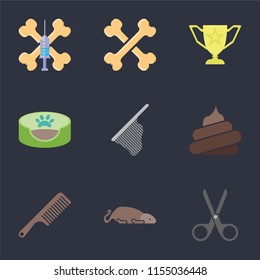 Set Of 9 simple icons such as Scissors, Mouse, Comb, Poop, Net, Pet bed, Trophy, Bones, Treats, can be used for mobile, pixel perfect vector icon pack on black background