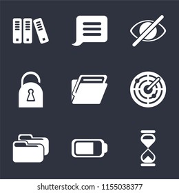 Set Of 9 simple icons such as Hourglass, Battery, Folder, Radar, Locked, Hide, Notification, Archive, can be used for mobile, pixel perfect vector icon pack on black background