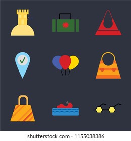 Set Of 9 simple icons such as Sunglasses, Water craft, Bag, Balloon, Check in, Purse, Suitcase, Sand castle, can be used for mobile, pixel perfect vector icon pack on black background