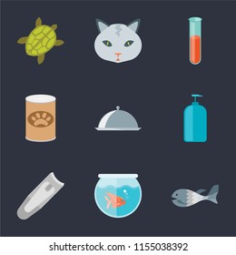 Set Of 9 simple icons such as Fish, Fishbowl, Nail clippers, Shampoo, Food, Pet food, Test tube, Cat, Turtle, can be used for mobile, pixel perfect vector icon pack on black background