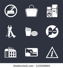 Set Of 9 simple icons such as Information point, Card payment, Mall, No drugs, Fast food, Dress, Electrical appliances, Tote bag, wifi, can be used for mobile, pixel perfect vector icon pack on