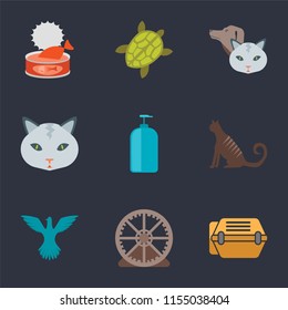 Set Of 9 simple icons such as Animal carrier, Hamster ball, Bird, Cat, Shampoo, Pet, Turtle, Cat food, can be used for mobile, pixel perfect vector icon pack on black background