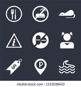 Set Of 9 simple icons such as Wave, Parking, Price, Girl, No drugs, Information point, Rats, wifi, Restaurant, can be used for mobile, pixel perfect vector icon pack on black background
