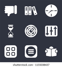 Set Of 9 simple icons such as Reading, Menu, Controls, Radar, Hourglass, Clock, Archive, Dislike, can be used for mobile, pixel perfect vector icon pack on black background