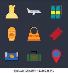 Set Of 9 simple icons such as Location, Suitcase, Map, Tickets, Bag, Sun protection, Aqualung, Airplane, Sand castle, can be used for mobile, pixel perfect vector icon pack on black background