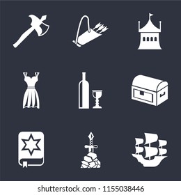 Set Of 9 simple icons such as Caravel, Excalibur, Spellbook, Chest, Wine, Gown, Tent, Quiver, Axe, can be used for mobile, pixel perfect vector icon pack on black background