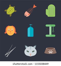 Set Of 9 simple icons such as Dog food, Cat, Nail trimmer, Platform, Shampoo, Dog, Glove, Fish bone, Turtle, can be used for mobile, pixel perfect vector icon pack on black background