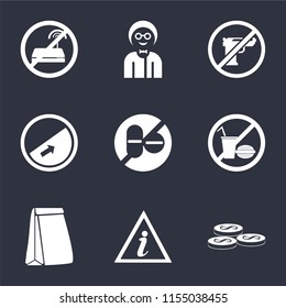 Set Of 9 simple icons such as Coins, Information point, Paper bag, No food, drugs, Slope, Gun, Boy, wifi, can be used for mobile, pixel perfect vector icon pack on black background