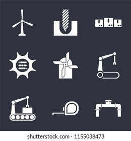 Set Of 9 simple icons such as Pipe, Measuring tape, Conveyor, Robotic arm, Mill, Options, Packages, Drill, Windmill, can be used for mobile, pixel perfect vector icon pack on black background