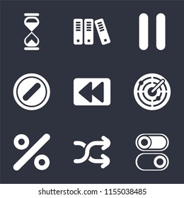 Set Of 9 simple icons such as Switch, Shuffle, Percent, Radar, Rewind, Forbidden, Pause, Archive, Hourglass, can be used for mobile, pixel perfect vector icon pack on black background