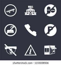 Set Of 9 simple icons such as Store, Information point, Hidden, No parking, Telephone, wifi, drugs, Mall, Skateboard, can be used for mobile, pixel perfect vector icon pack on black background