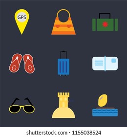 Set Of 9 simple icons such as Parasailing, Sand castle, Sunglasses, Postcards, Luggage, Flip flops, Suitcase, Bag, Gps, can be used for mobile, pixel perfect vector icon pack on black background