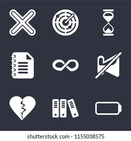 Set Of 9 simple icons such as Battery, Archive, Dislike, Muted, Infinity, Notepad, Hourglass, Radar, Multiply, can be used for mobile, pixel perfect vector icon pack on black background
