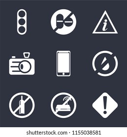 Set Of 9 simple icons such as Warning, No wifi, alcohol, water, Smarthphone, Camera, Information point, drugs, Traffic light, can be used for mobile, pixel perfect vector icon pack on black
