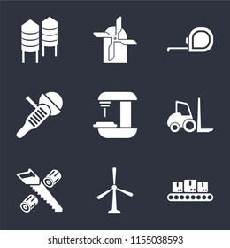 Set Of 9 simple icons such as Conveyor, Windmill, Wood cutting, Forklift, Machine, Sanding machine, Measuring tape, Mill, Silo, can be used for mobile, pixel perfect vector icon pack on black