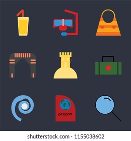 Set Of 9 simple icons such as Search, Passport, Seashell, Suitcase, Sand castle, Arch, Bag, Snorkel, Cocktail, can be used for mobile, pixel perfect vector icon pack on black background