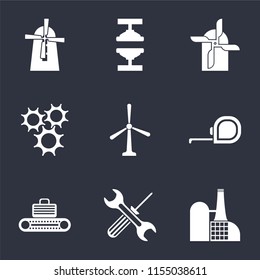 Set Of 9 simple icons such as Factory, Tools, Conveyor, Measuring tape, Windmill, Cogwheel, Mill, Machine press, can be used for mobile, pixel perfect vector icon pack on black background