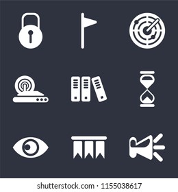 Set Of 9 simple icons such as Speaker, Bookmark, View, Hourglass, Archive, Wireless internet, Radar, Flag, Locked, can be used for mobile, pixel perfect vector icon pack on black background