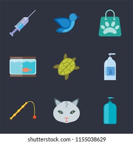 Set Of 9 simple icons such as Shampoo, Cat, Toy, Drops, Turtle, Aquarium, Shopping bag, Bird, Syringe, can be used for mobile, pixel perfect vector icon pack on black background