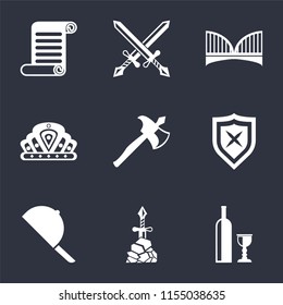 Set Of 9 simple icons such as Wine, Excalibur, Hat, Shield, Axe, Crown, Bridge, Swords, Scroll, can be used for mobile, pixel perfect vector icon pack on black background