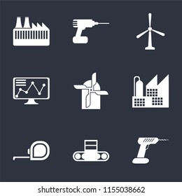 Set Of 9 simple icons such as Drill, Conveyor, Measuring tape, Factory, Mill, Stock, Windmill, can be used for mobile, pixel perfect vector icon pack on black background
