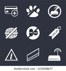 Set Of 9 simple icons such as Wifi, Stairs, Information point, Sale, No drugs, fast food, wifi, pets, Cit card, can be used for mobile, pixel perfect vector icon pack on black background