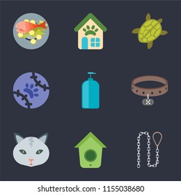 Set Of 9 simple icons such as Leash, Birdhouse, Cat, Collar, Shampoo, Tennis, Turtle, Pet shop, Fish food, can be used for mobile, pixel perfect vector icon pack on black background