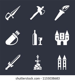 Set Of 9 simple icons such as Tower, Excalibur, Sword, Castle, Wine, Quiver, Torch, Axe, Dagger, can be used for mobile, pixel perfect vector icon pack on black background
