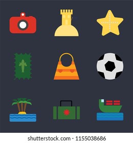 Set Of 9 simple icons such as Ship, Suitcase, Island, Ball, Bag, Postage, Starfish, Sand castle, Camera, can be used for mobile, pixel perfect vector icon pack on black background