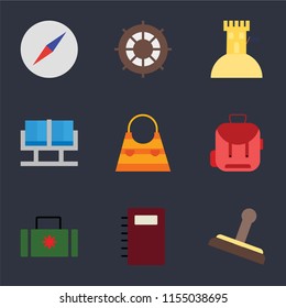 Set Of 9 simple icons such as Stamp, Notebook, Suitcase, Backpack, Bag, Waiting room, Sand castle, Helm, Compass, can be used for mobile, pixel perfect vector icon pack on black background