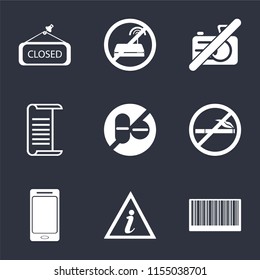 Set Of 9 simple icons such as Barcode, Information point, Smartphone, No smoking, drugs, List, camera, wifi, Closed, can be used for mobile, pixel perfect vector icon pack on black