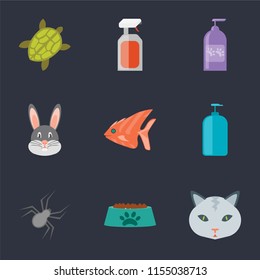 Set Of 9 simple icons such as Cat, Bowl, Spider, Shampoo, Fish, Rabbit, Spray, Turtle, can be used for mobile, pixel perfect vector icon pack on black background