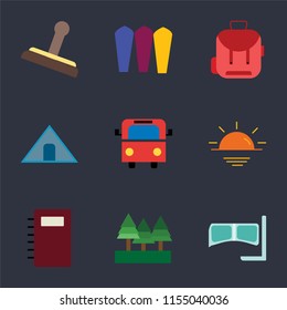 Set Of 9 simple icons such as Snorkel, Forest, Notebook, Sunset, Bus, Tent, Backpack, Surfing, Stamp, can be used for mobile, pixel perfect vector icon pack on black background
